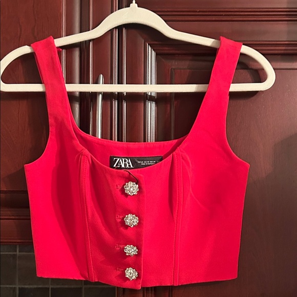 ZARA  Bright Red Crop Top with Button Accents extra small - Picture 8 of 10
